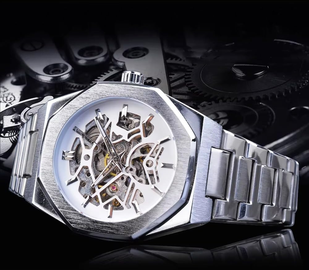 Mechanische Skelett-Uhr für Herren, automatisches Selbstaufziehendes offenes Herz-Design, Edelstahlband, Premium-Skelett-Uhr für lässige und formelle Kleidung