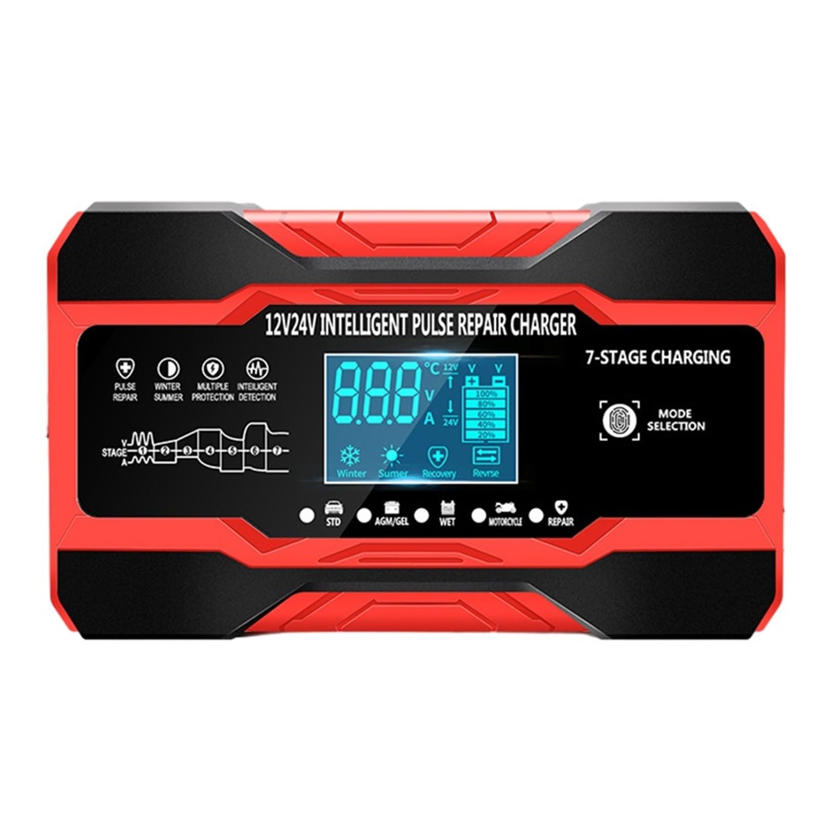 W Pełni Automatyczna Ładowarka Samochodowa 12V 10A 24V 5A Inteligentne Szybkie Ładowanie Do Ładowarki Akumulatora Kwasowo-ołowiowego Wyświetlacz LCD łAtwa W UżYciu(Red)