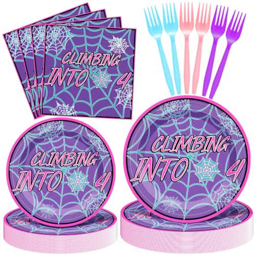 Romooa 96 Pcs Birthday Spider Web Tableware Set, Purple, Climbing into 4