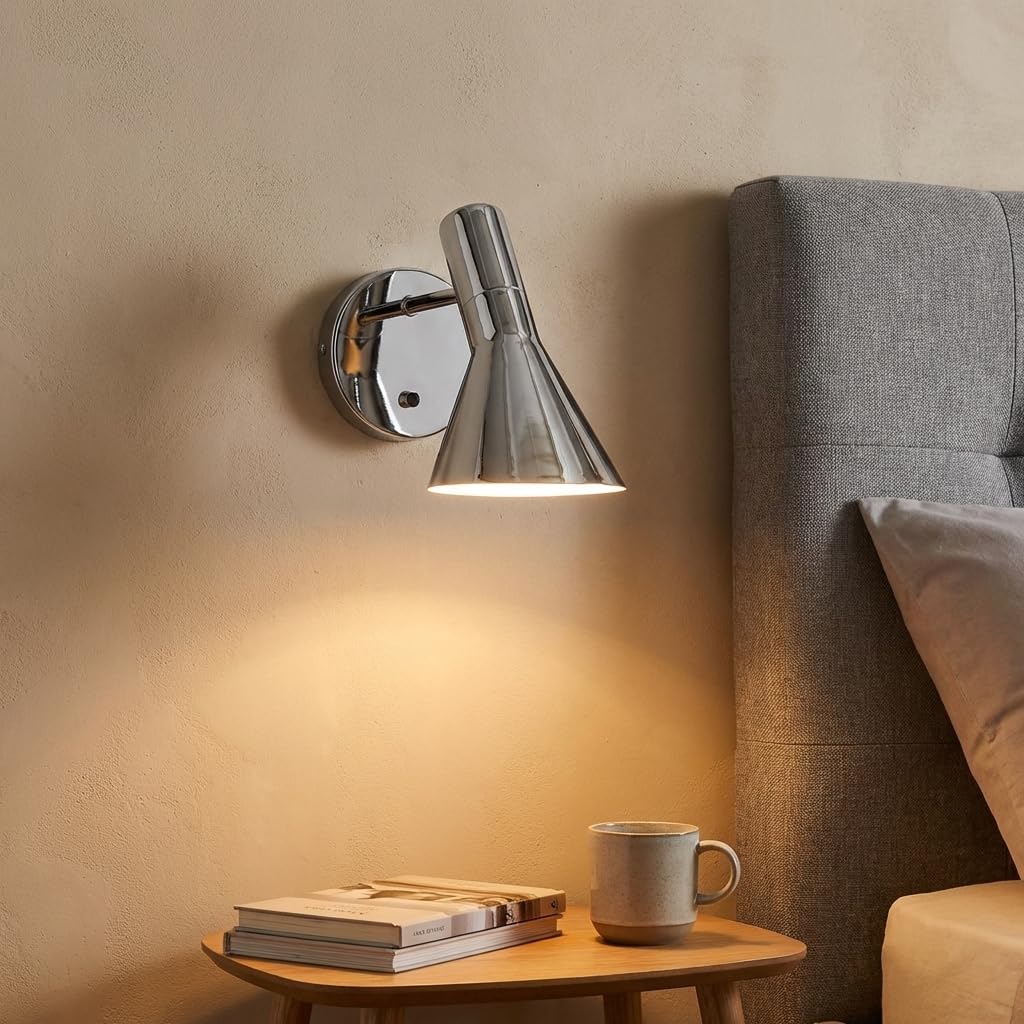 BARCELONA LED Applique da Parete Interno Design in Alluminio Cromato, Lampada da Muro Vintage Paralume Orientabile, Attacco E27 Ideale Testiera Letto, Camera da Letto Soggiorno