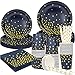 HusDow Assiette Jetable Anniversaire Bleu,Vaisselle de Fête Bleu Marine et Or Gobelets Carton en Papier Serviette Papier Paille pour Anniversaire Mariage Homme Garcon 24 Invités