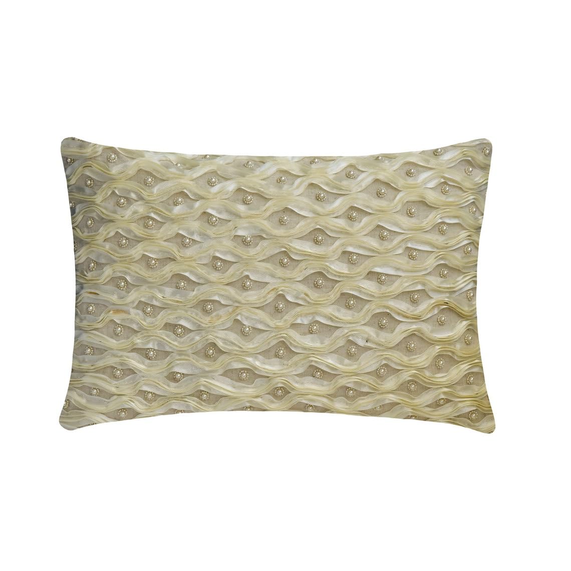 The HomeCentric Luxury Lumbar Cushion Covers Ivory Pack of 2, 30x55 cm (12"x22") Linen Pearl, Ribbon, Hand Embroidery Cushion Cover For Sofa, Abstract Modern Style - Ivory Ripple