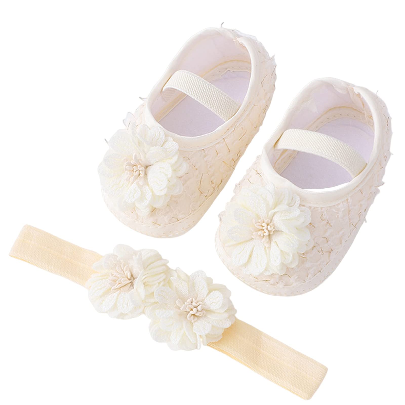 Baby Shoes with Hair Band Fashion Soft Soled Infant Shoes Versatile Dress Flower Princess Shoes Girls Fancy Shoes (Beige, 3.5 Infant)