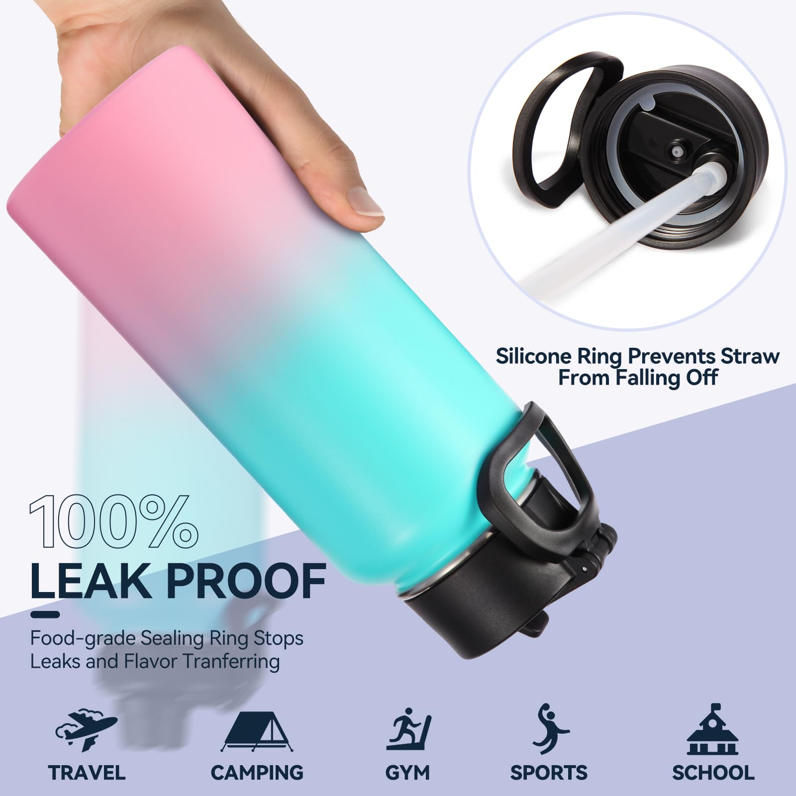 Neihepal Isolierte Wasserflasche, 18/8 Edelstahl, doppelwandig, mit Strohhalm-Deckel und Auslaufdeckel, hält warm und kalt, ideal für Fitnessstudio, Schule, Outdoor, Camping, Sport, Grün, Pink, 4