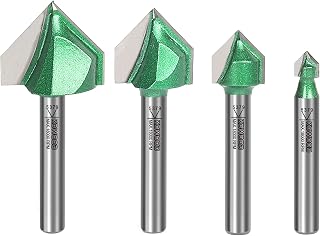 KOWOOD Pro 90° V Grooving Bit Set 4 Pcs, 1/4 Inch Shank, 1/4", 1/2", 3/4", 1" Cutting Dia.