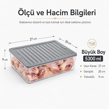 Derin Dondurucu Plastik Büyük Saklama Kabı Seti, 5300ml, Buzluk Düzenleyici Şeffaf Kap, Buzdolabı Gıda Erzak Kapaklı Depolama Kutusu (Antrasit, 5300, Mililitre)