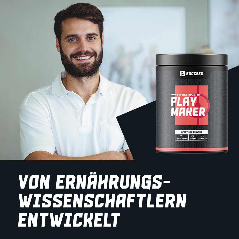 PLAYMAKER | Workout Booster speziell für Fußballer | Sport Drink mit Kohlenhydraten + Elektrolyten + Mineralien + Aminosäuren + Koffein | 20 Portionen | Berry-Mix