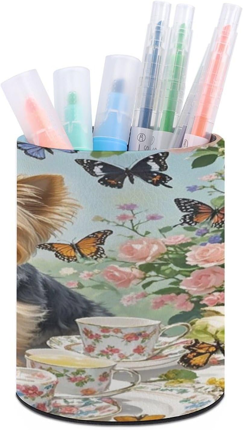 Yorkshire Terrier Tea Party Butterflies Roses Pen Holder Leather Waterproof Pencil Holders Cute Pen Cup Round Desktop Organizer Pencil Cup Aesthetic Makeup Brush Holder for Desk Office Pen Organizer
