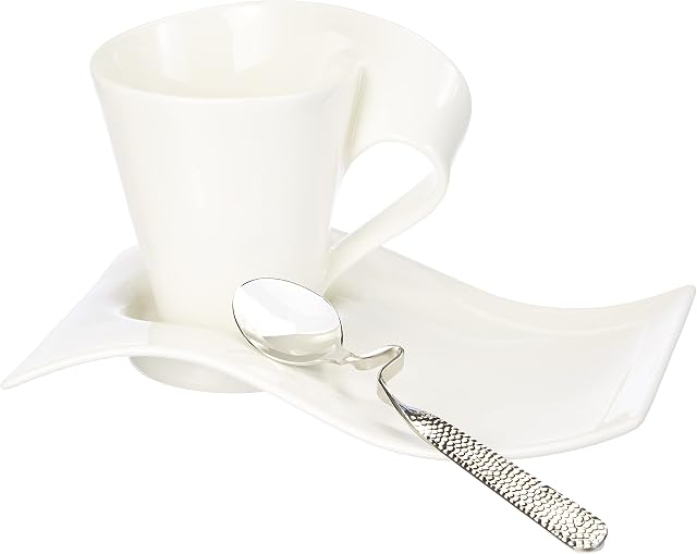Villeroy & Boch New Wave Cappuccino Set, 6 Pieces, Coffee Cup, Premium Porcelain Saucer, Stainless Steel Spoon for 2 People, Dishwasher Safe
