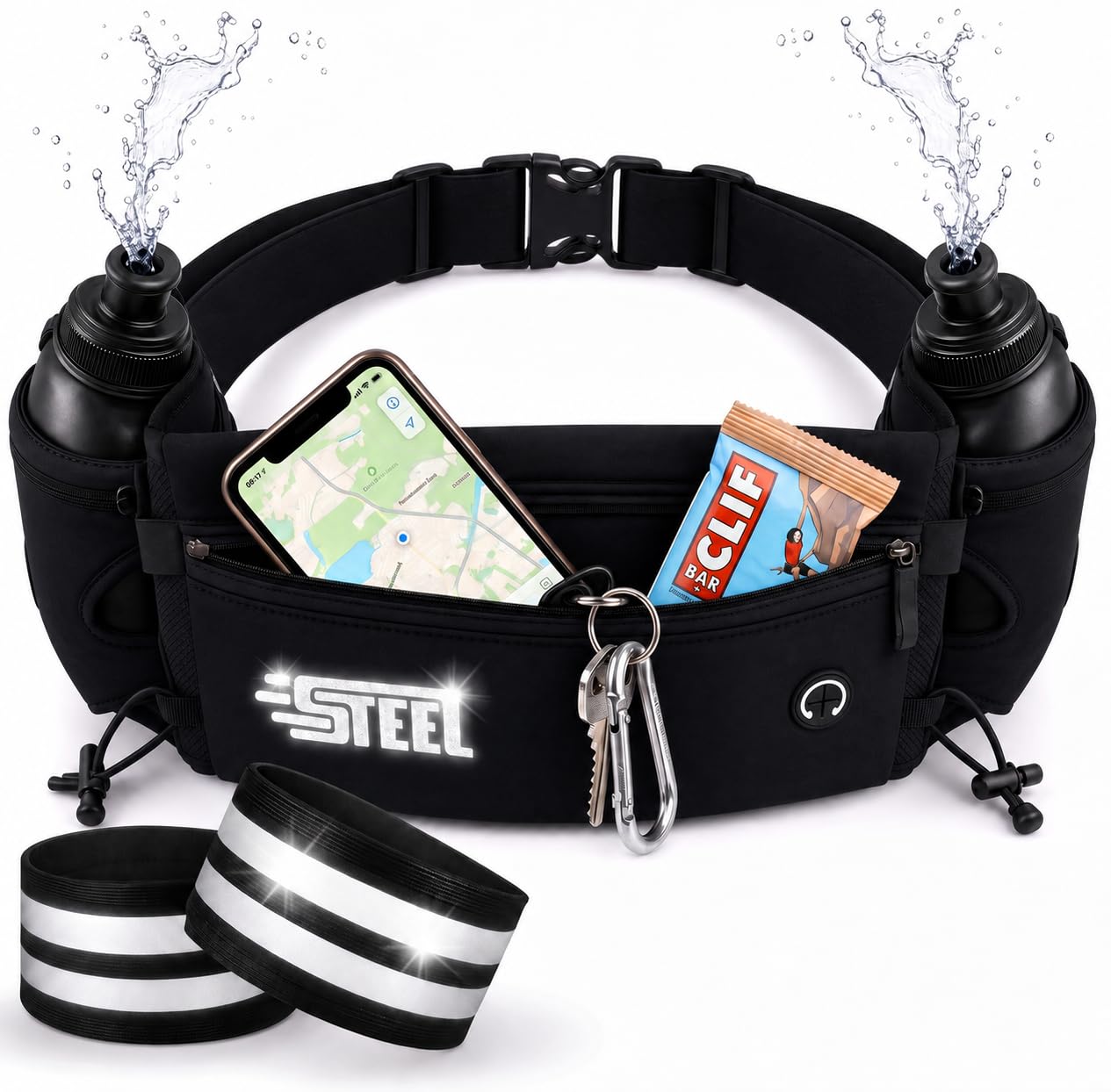 Cintura da corsa, Borsa Banana Sport Cintura con Portabottiglie Morbido Impermeabile Tasca Uomo Donna per Smartphone iPhone Samsung Galaxy, Comodo Jogging Footing (ALL BLACK (2 bracciali inclusi))