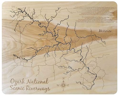 Ozark National Scenic Riverways, Missouri Contemporary Wood Laser Engraved Map Custom Text Included Wood Sign Wall Hanging Nautical Art 2D Wood