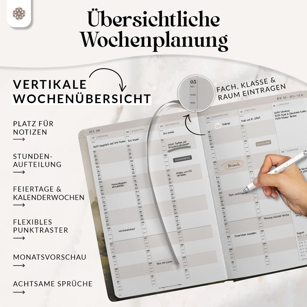 Lebenskompass® Lehrerkalender 2026/2027 DIN A4 ”Pine” - Schuljahresplaner Hardcover mit Wochen & Monatsübersichten, Klassen & Notenlisten, Stundenplänen für Lehrerinnen und Lehrer