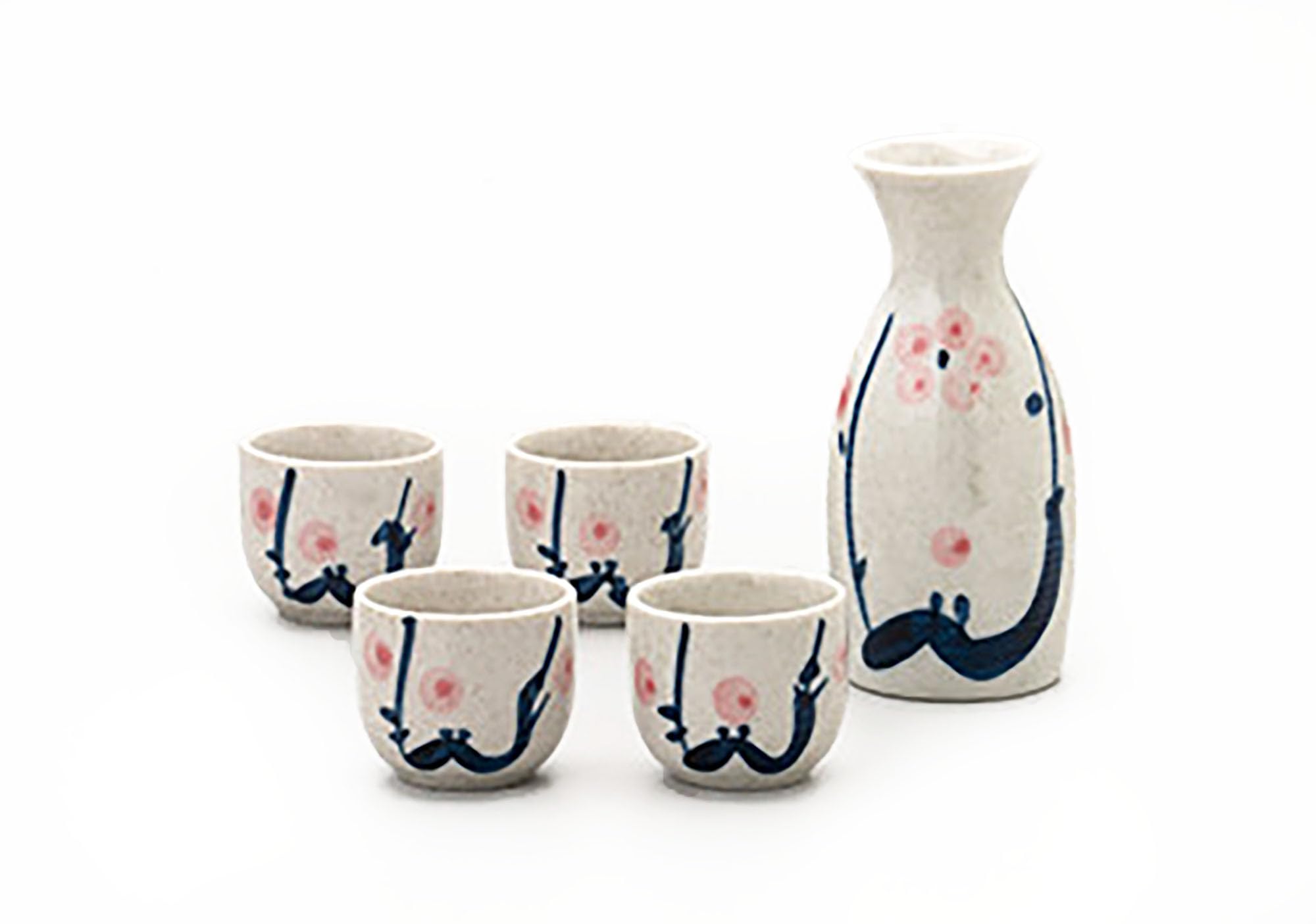 Plum Design, Japanese Traditional Ceramic SAKE 5 items Set. 1 Bottle and 4 cups with a gift box. Made in Japan