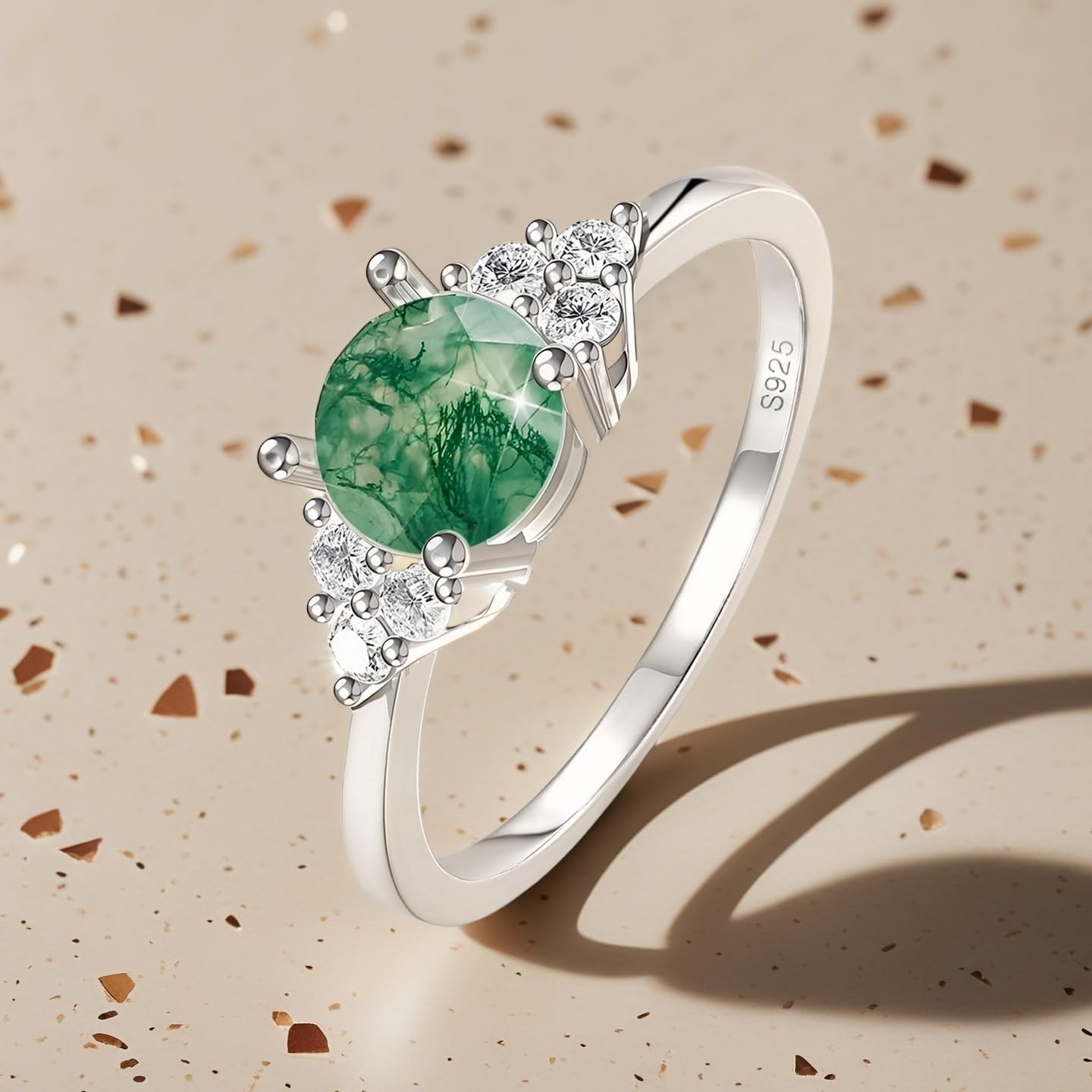 S925 Sterling Silver Natural Moss Agate Ring Engagement Ring Wedding Promise Ring Jewelry for Women