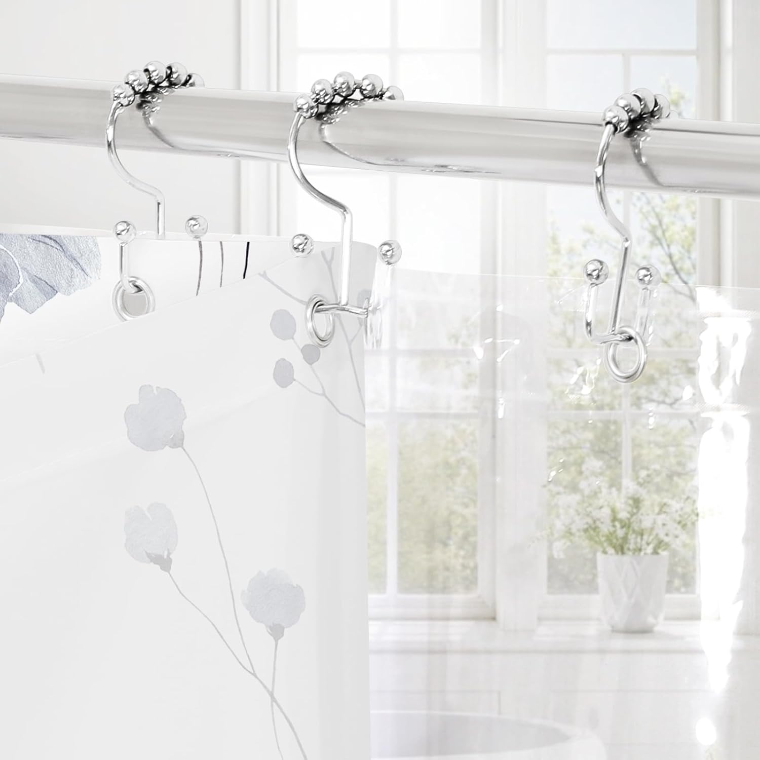 Gibelle 3 in 1 Shower Curtain Set, Grey Watercolor Floral Bath Curtain and PEVA Liner Set with 12 Double Sided Steel Hooks, Waterproof Fabric Bathroom Curtain 72x72