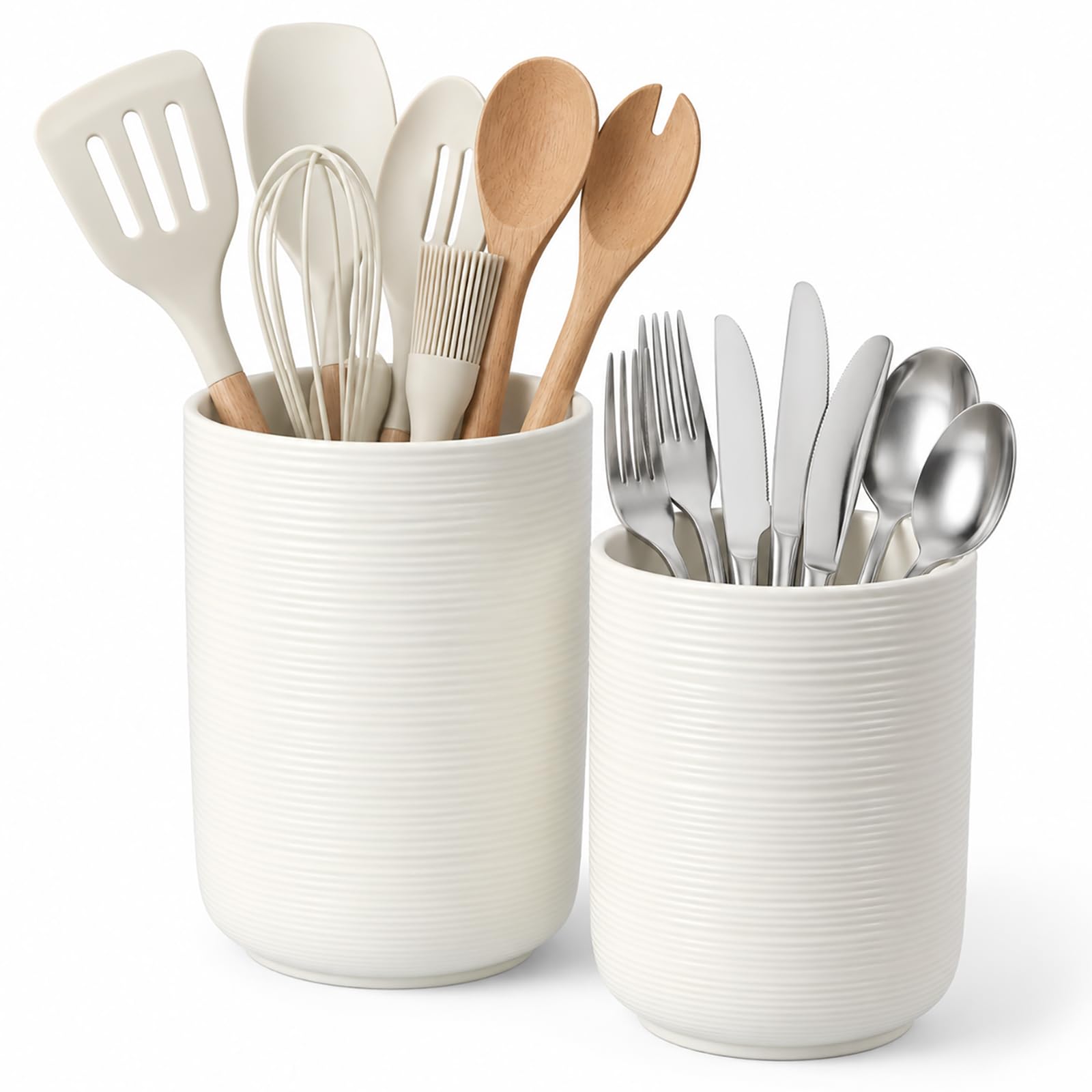 Kitchen Utensil Holder Ceramic for Countertop,Utensil Holder, 6.29+5.27inch Ceramic Kitchen Utensils Holder,Large Cooking Utensil Pots for Kitchen Counter, Utensil Organizer for Spatula,Set of 2,White