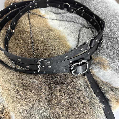 Image of HiiFeuer Medieval DIY Faux Leather Metal Chain Belt, Vintage Adjustable Thin Belt For Women, Retro Skinny Belt For Dresses