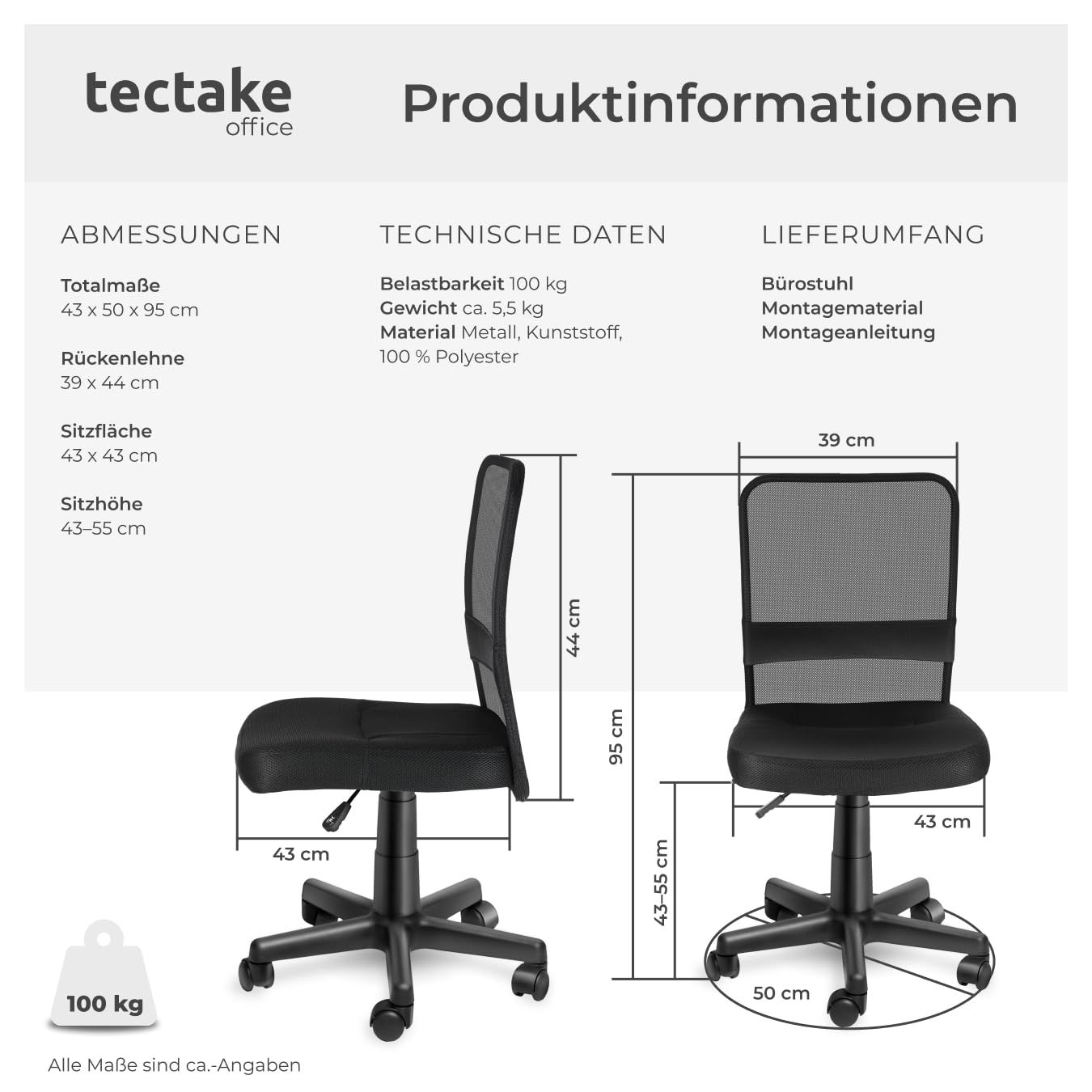 tectake® ergonomischer Bürostuhl, Schreibtischstuhl mit Rollen, Drehstuhl, Gaming Stuhl, Office Chair, Drehsessel, Möbel für Arbeitszimmer, und Jugenzimmer, PC, Computertisch - schwarz