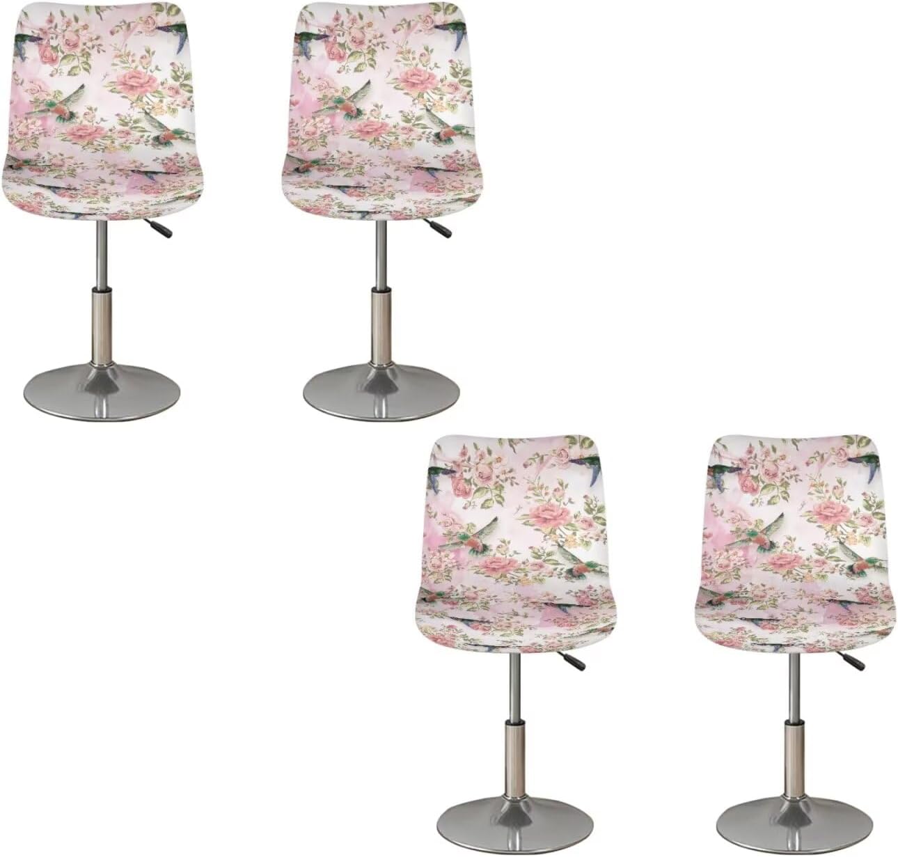 Hummingbird Flowers 4 Pack Set Low Short Back Chair Seat Covers with Back Windproof Durable Chair Slipcovers Protector with Elastic Band for Home Dining Room Spring Decor