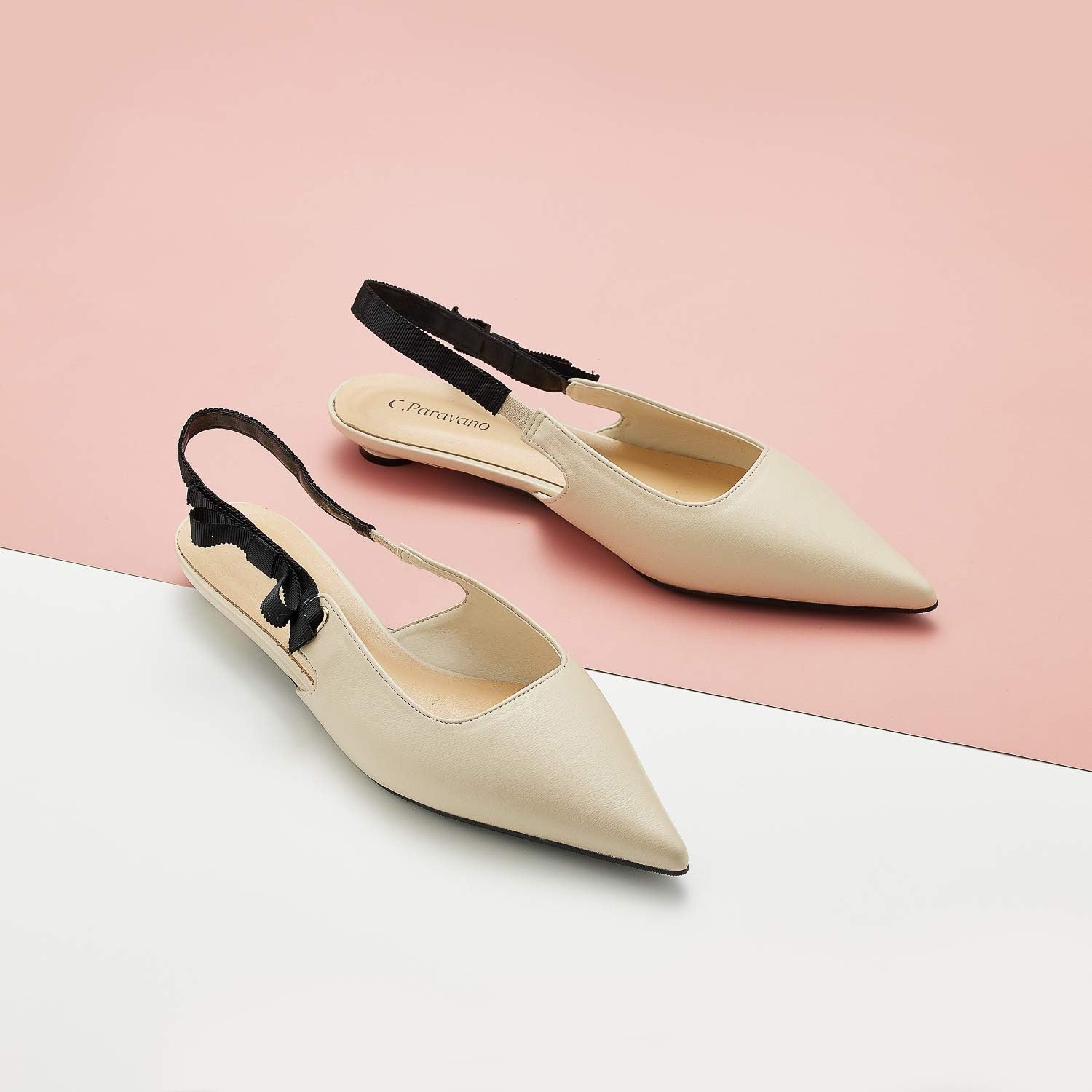 C.Paravano Women's Slingback | Leather Slingback Flats | Pointed Toe Slingback Shoes | Comfort Heeled Sandal | Slip on Flats Shoes for Wedding