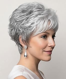 SEVENCOLORS Short Grey Wigs for White Women Pixie Cut Gray Wigs with Bangs Natural Curly Synthetic Hair Short Mixed White Wig for Older Women