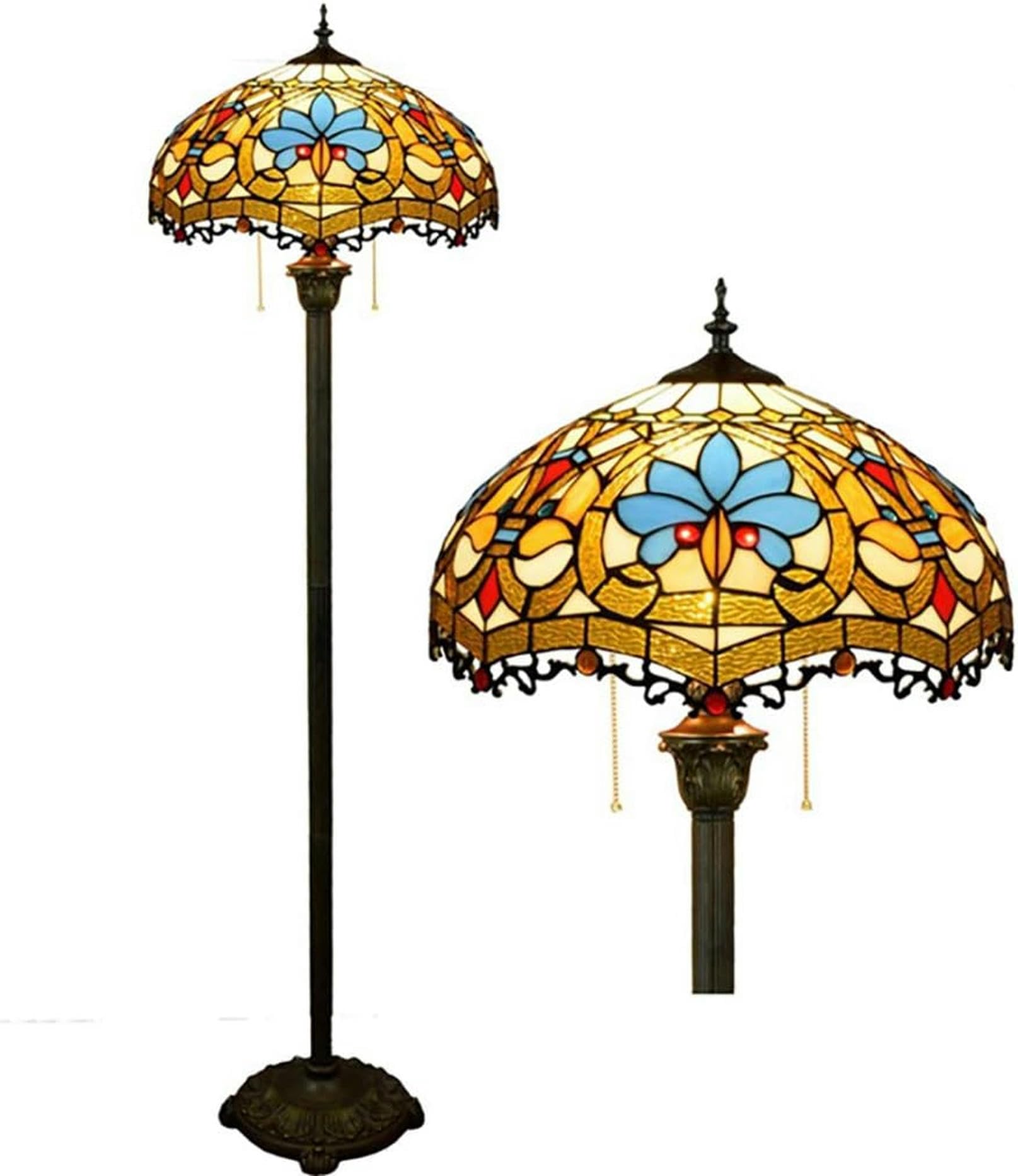 IUokLU 64 Inch Tall Tiffany Style Floor Standing Lamp Retro Baroque Stained Glass Shade Bedroom Bedside with Resin Base Decoration Reading Light,E27
