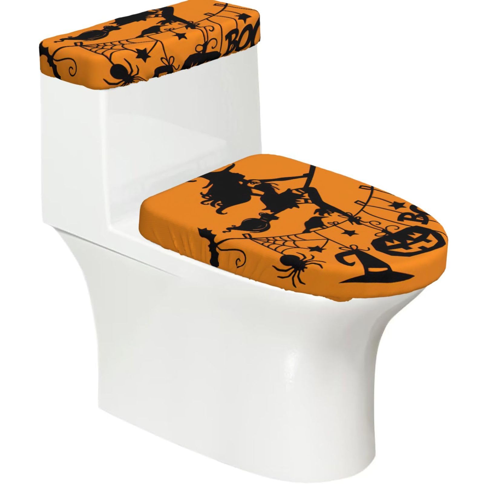 Halloween Witch Flying Print Stretch Toilet Covers Set, Polyester Covers Replacement For Fits Most Size Lids Bathroom Decor