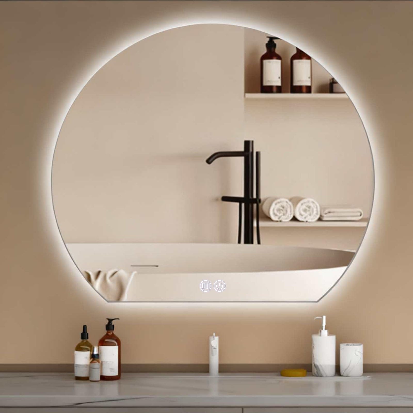 SXFSDOU LED Backlit Round Mirror eless Wall with Adjustable Brightness Anti-Fog Available in 50x45cm to 90x81cm 3 Colors (Style A 90x85cm)