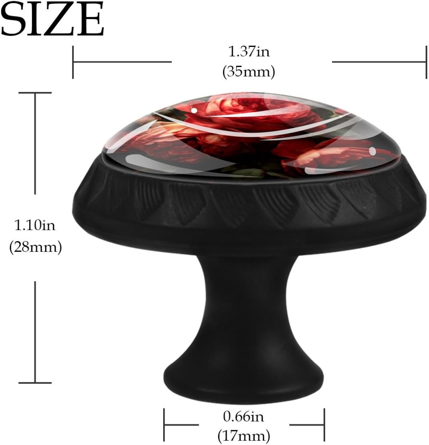 Black Round Floral Flower Red Roses (12) Dresser Knobs, Decorative Cabinet Pulls for Home Improvement, Durable Glass Hardware for Kitchen Bathroom