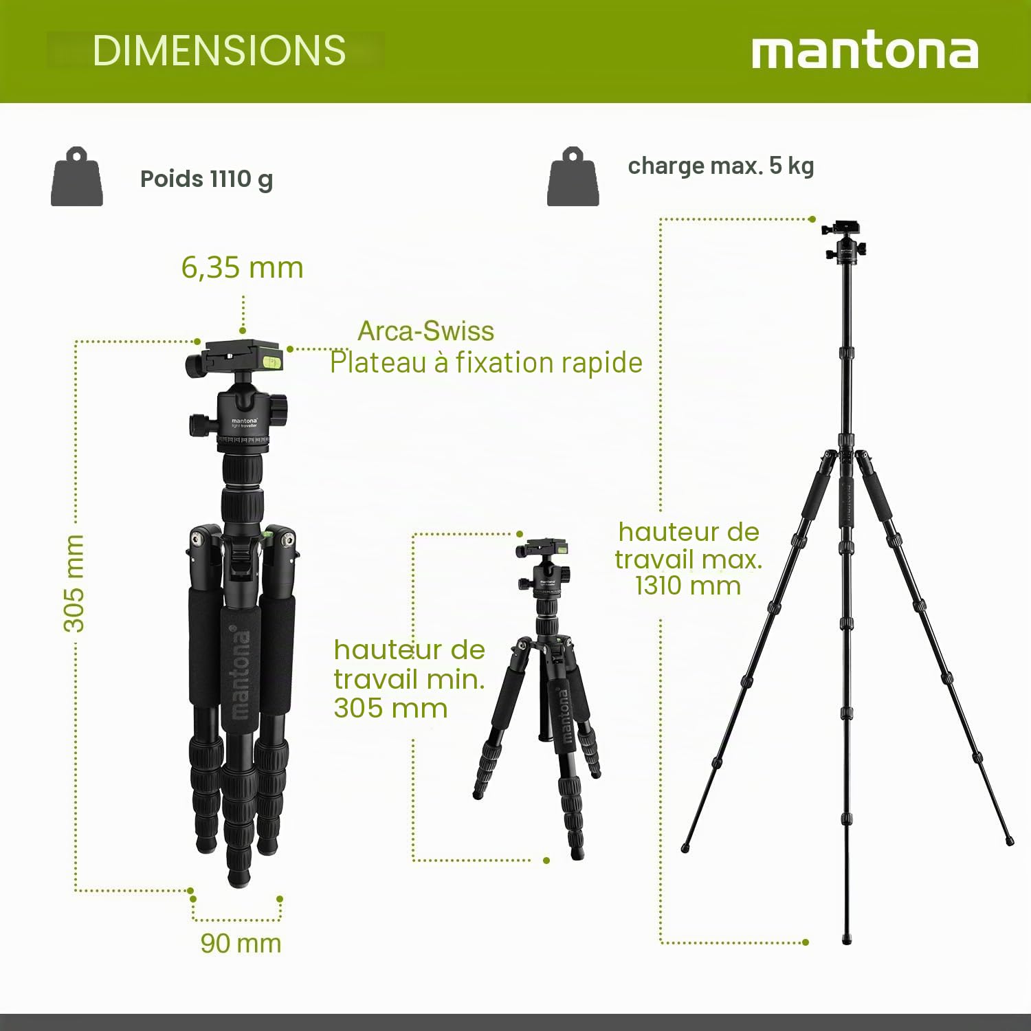 Mantona Light Traveller Trépied de Voyage 131,5 cm Noir en Aluminium pour Appareil Photo jusqu'à 5 kg de Charge maximale - Trépied Photo léger avec rotule et Plaque à dégagement Rapide Arca-Swiss