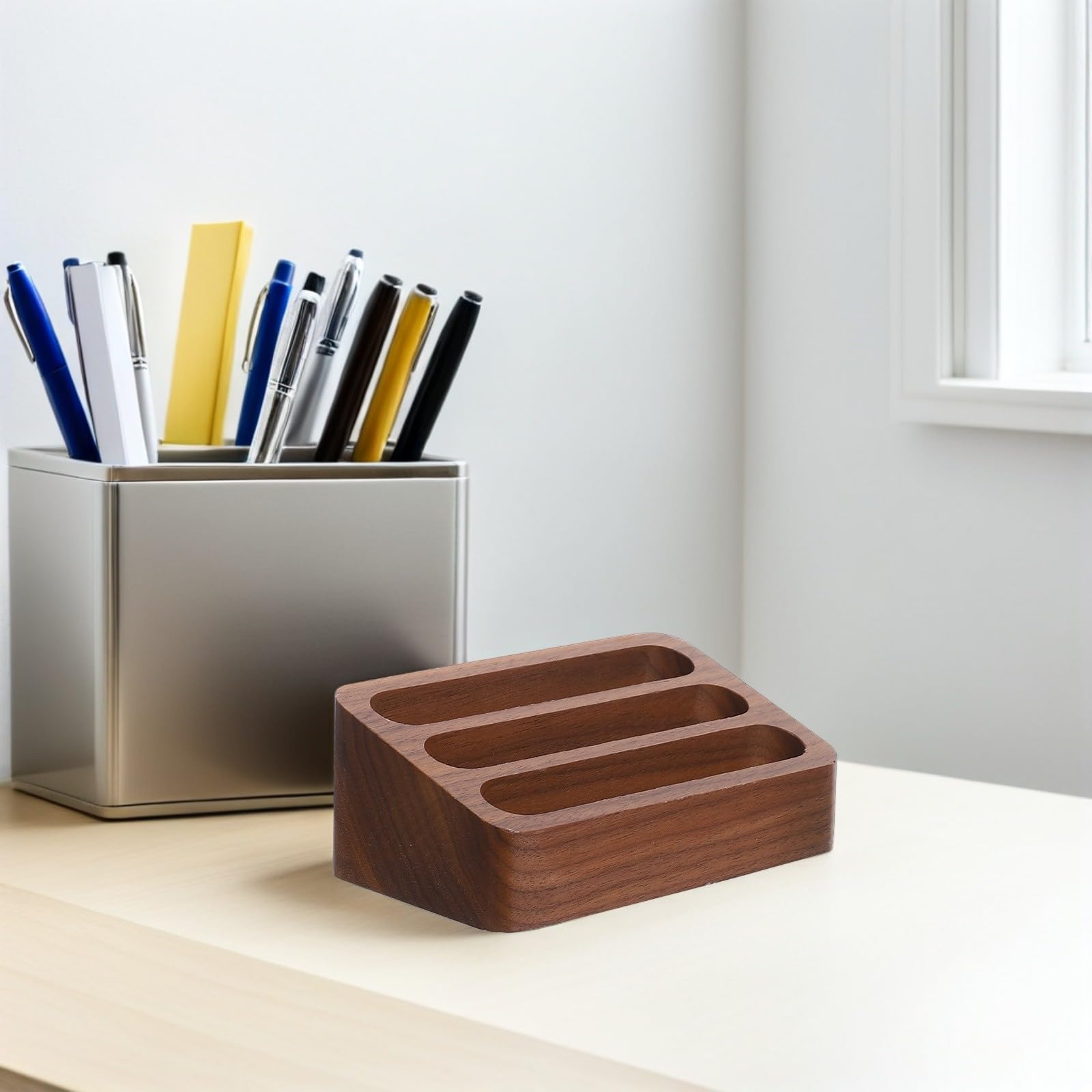 SHINEOFI 2piezas Tarjetero de Madera de Nogal Negro Estuche para Tarjetas de Visita Ranuras Pequeño Organizador para Oficina Hogar y Mesa de Escritorio