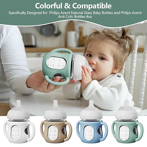 Miniatura 7 de Paquete de 4 fundas de silicona para botellas de vidrio natural Avent, protector de botella antirotura con asa, botella natural de vidrio Philips