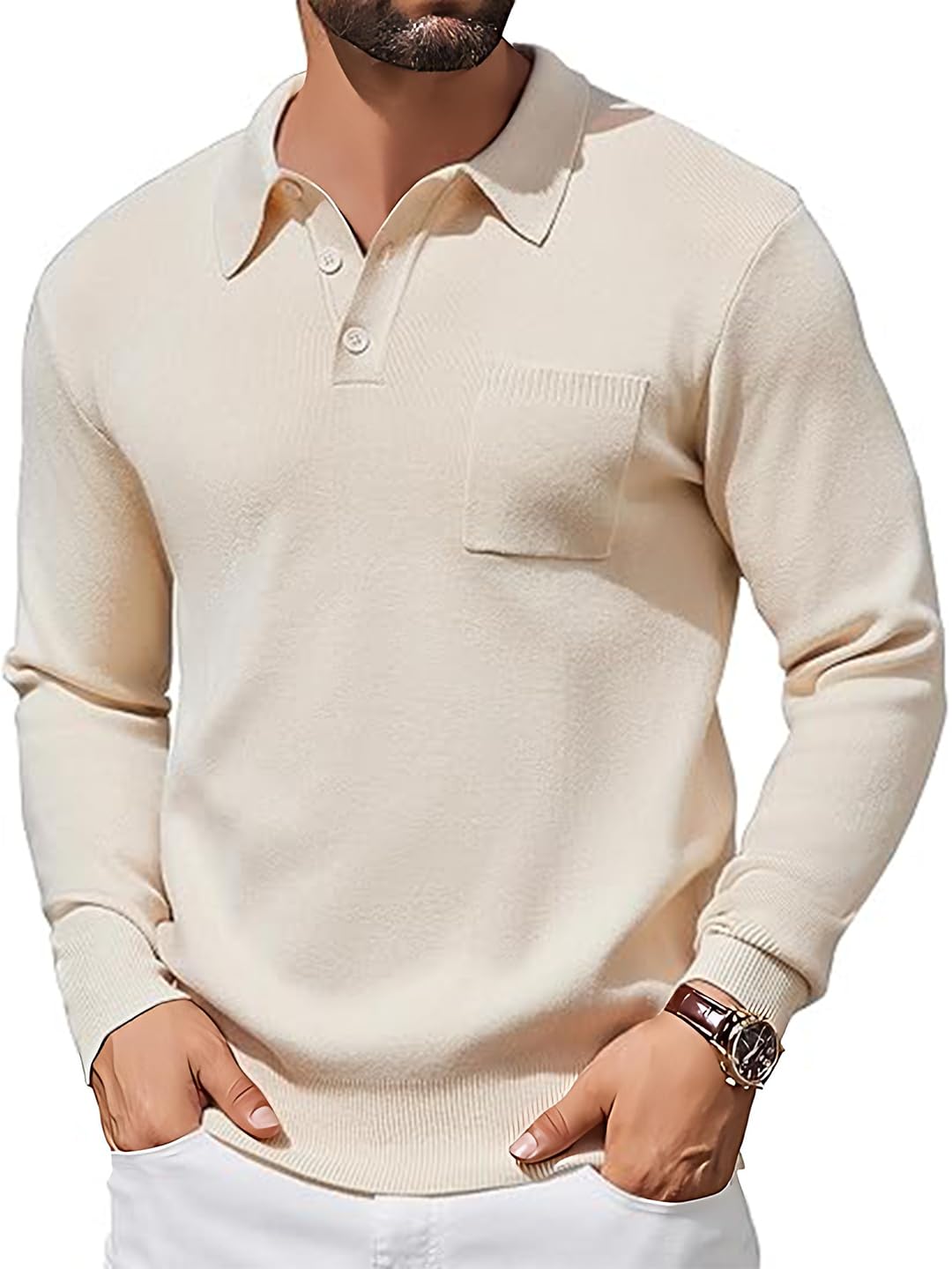 tysort Mens Long Sleeve Polo Sweater Knit Polo Casual Heavyweight Thermal Pullover Sweater with Pocket-picture-21