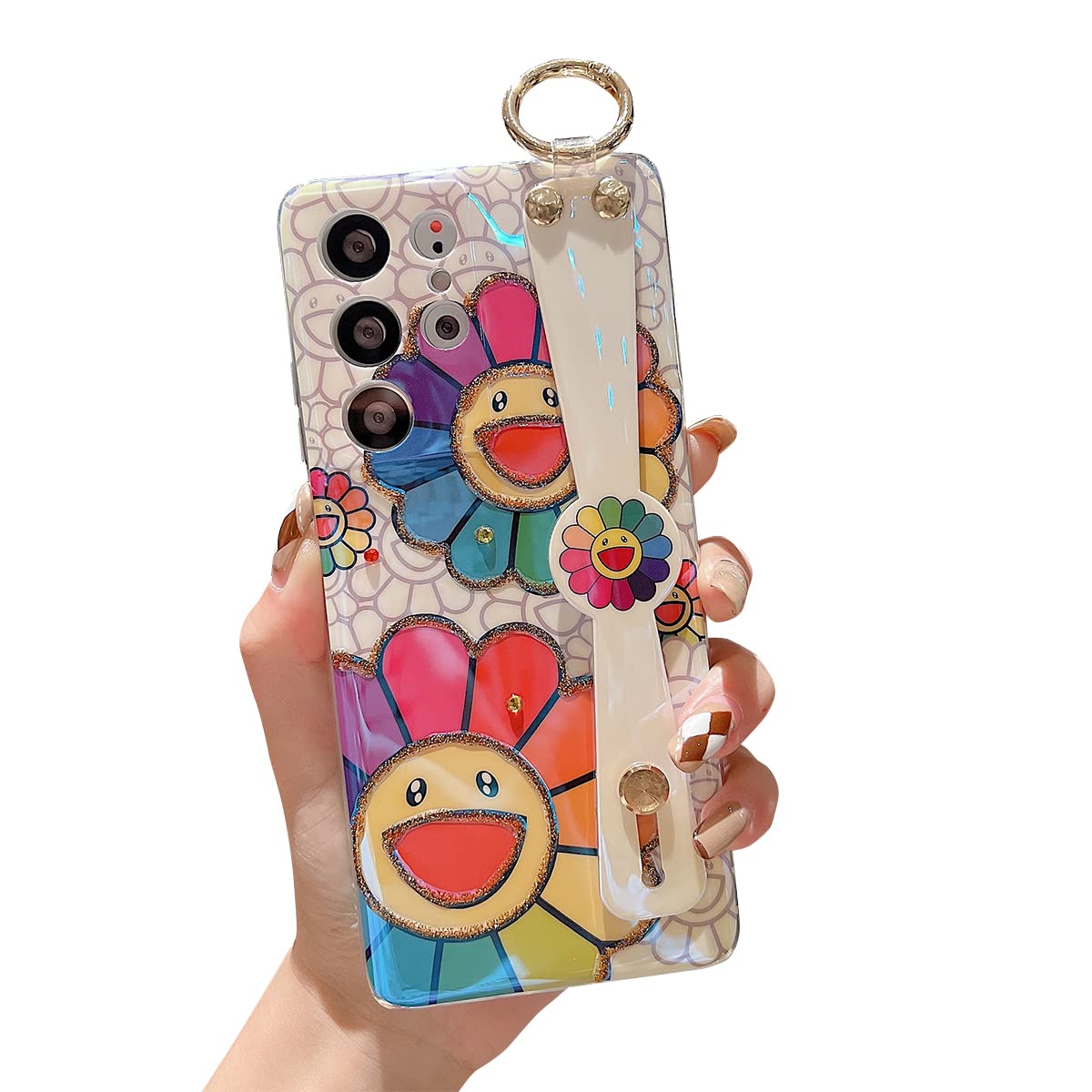 Lastma Samsung Galaxy S21 Ultra Case Cute with Wrist Strap Kickstand S21 Ultra Case 5g Glitter Bling Cartoon IMD Soft TPU Shockproof Protective Phone Cases Cover for Girls and Women (Sunflower)