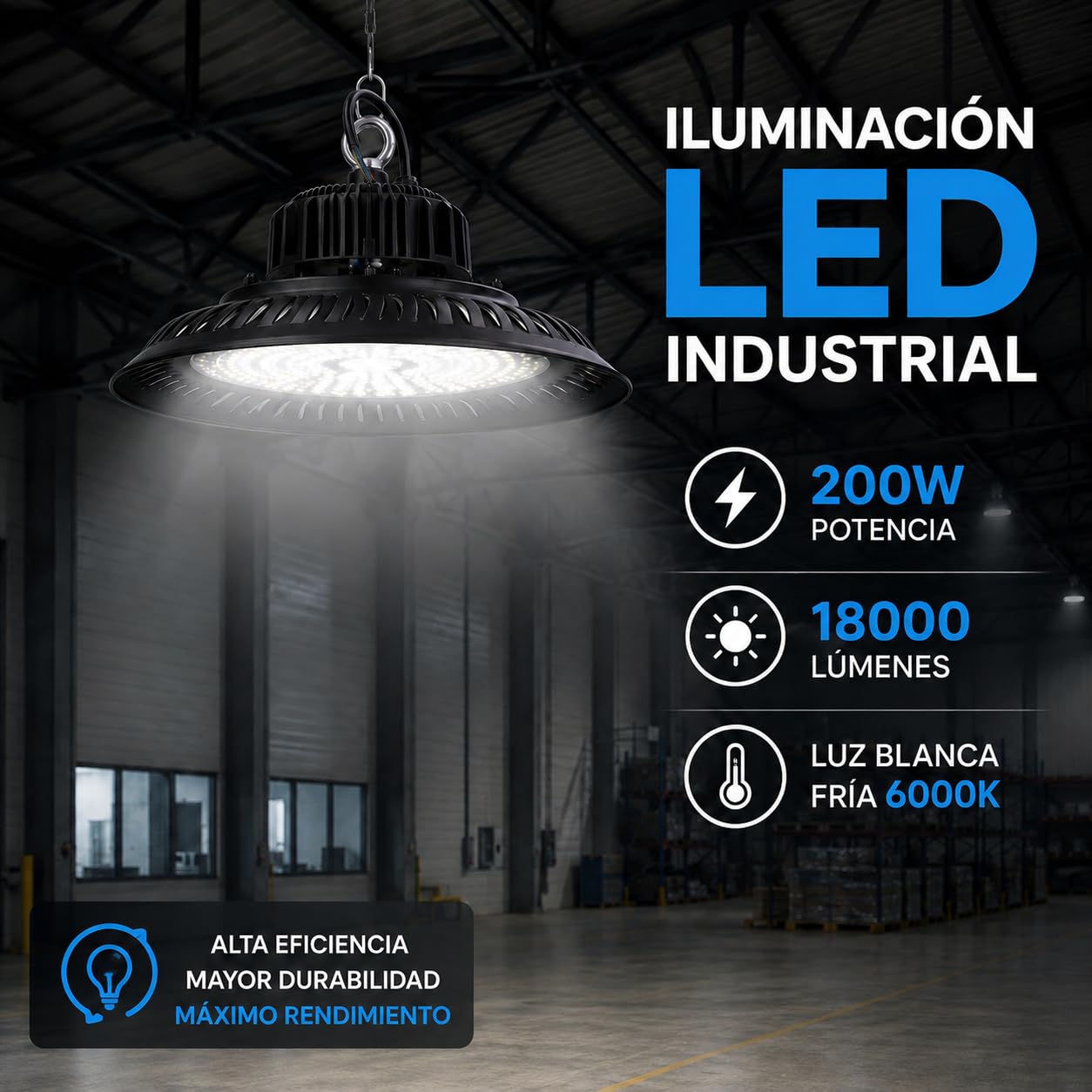 Jandei – 4 x Campana Industrial Led UFO ECO 200W (equivalente 1500W), 18000 LM, Lámpara Led Luz Blanca Fría 6000K, Superbrillante. Iluminación Nave, Taller, Garaje, Fábrica (1 Unidad)
