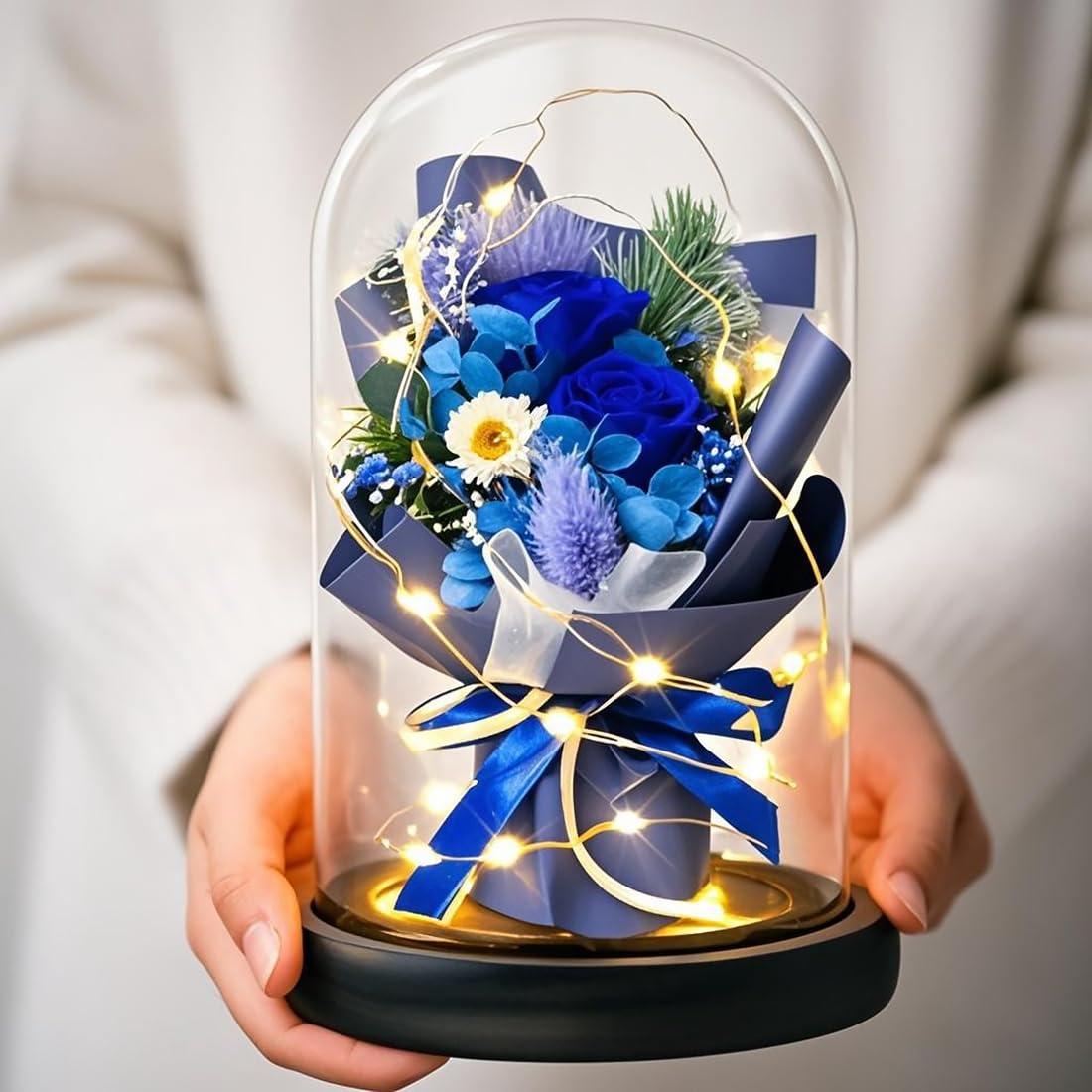 Regalo para mujeres, rosa eterna en cristal con LED, ramo de rosas azules, decoración para el hogar, flores reales duraderas para mamá, novia, esposa, abuela (azul)