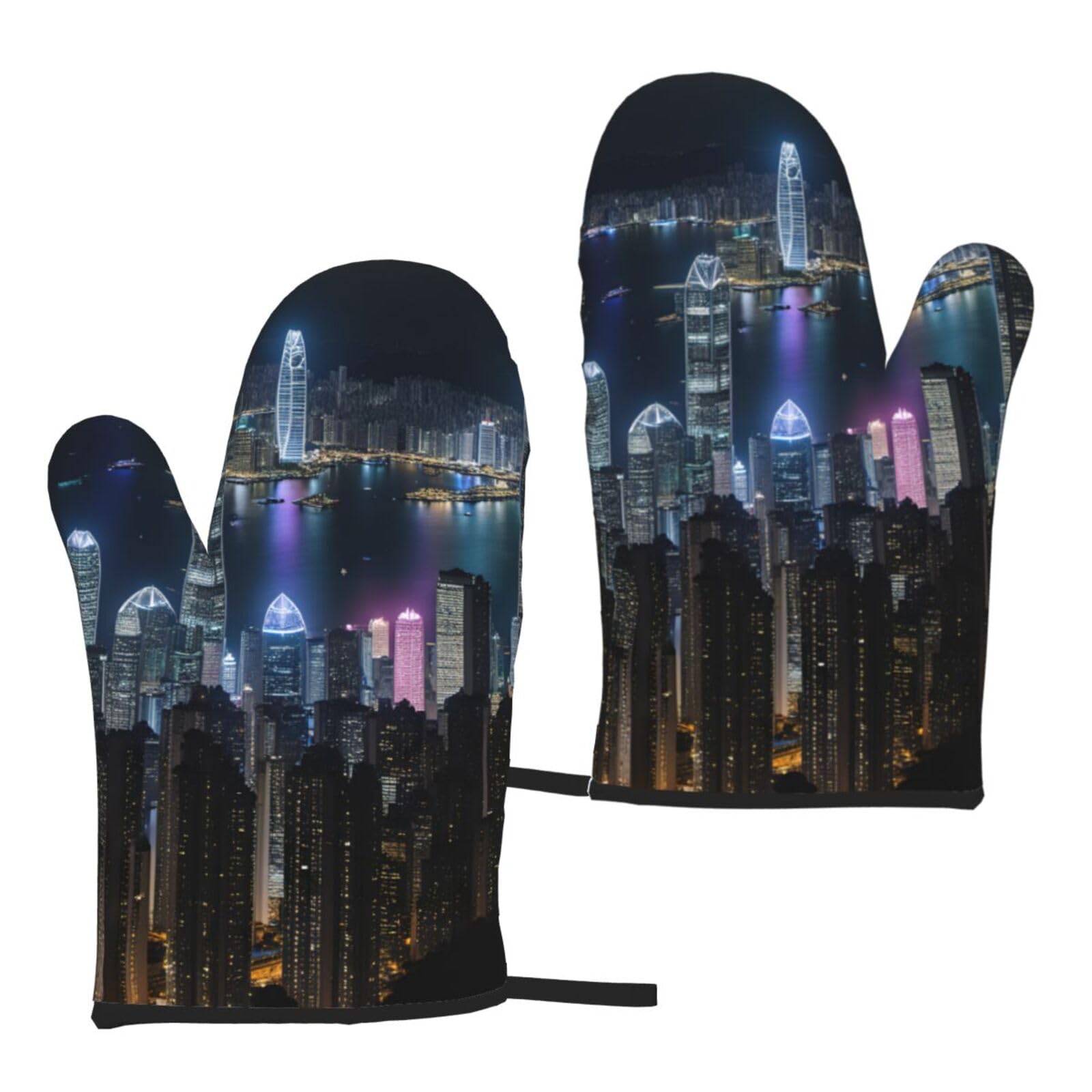 Aerial Night Of View Hong Kong Print Women Men Universal Fit Heat Resistant Oven Gloves Cooking Grilling Indoor Outdoor