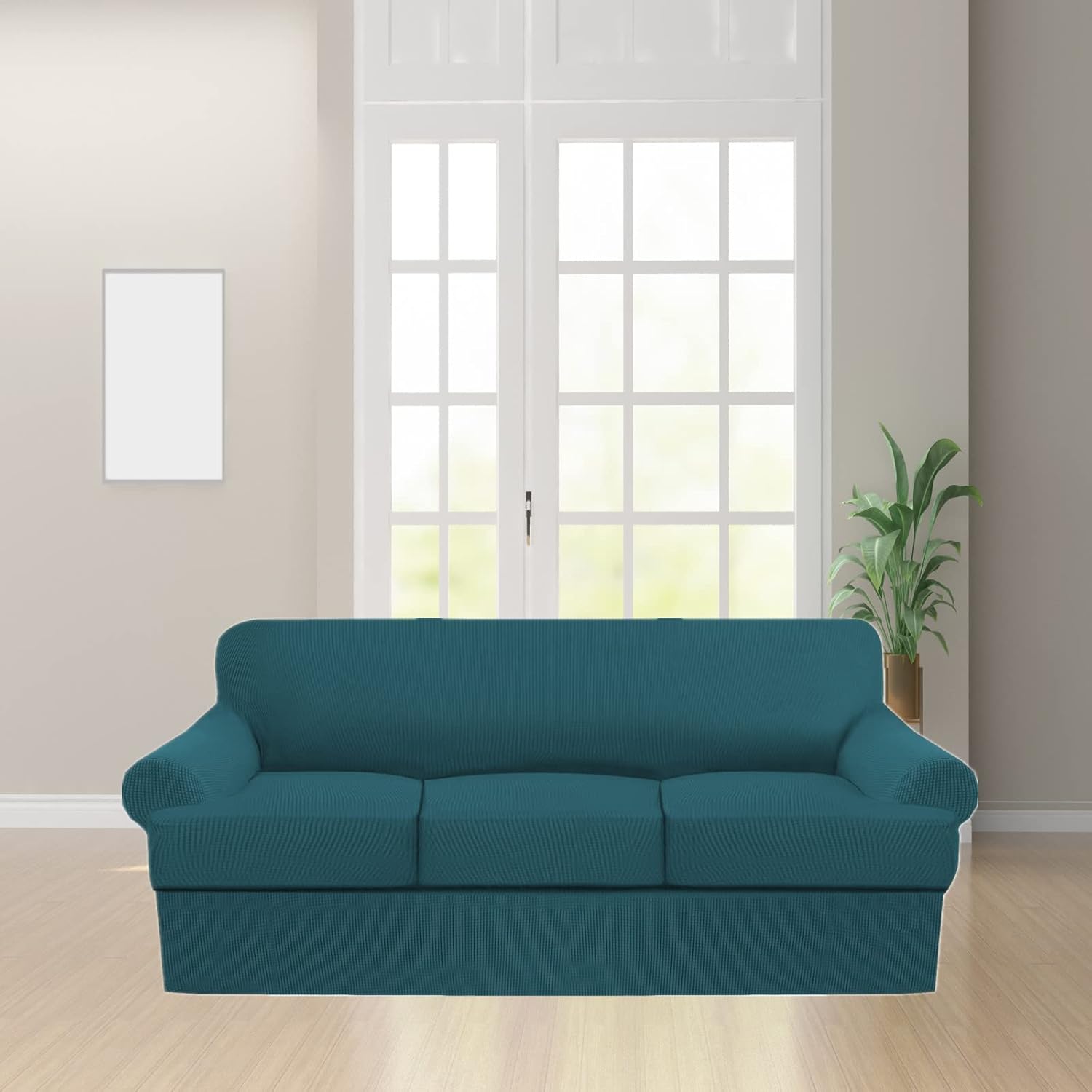 Premium T-Cushion Sofa Slipcover – 4-Piece Set for T-Cushion Couches (Fits 72"-90") – Soft, Washable Furniture Protector with 3 T-Shaped Seat Covers (Teal, Sofa)