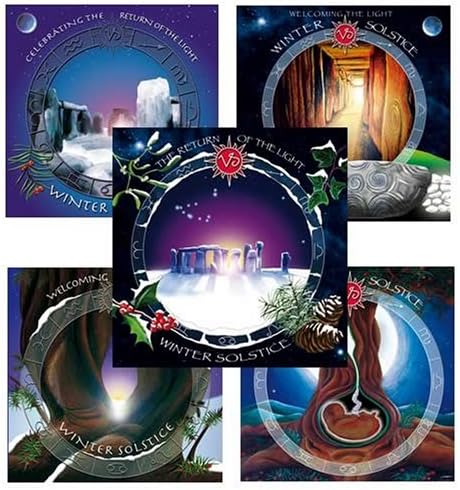 Celebrate Winter Solstice cards. Pack of five cards with brightly coloured envelopes 12cm x 12cm