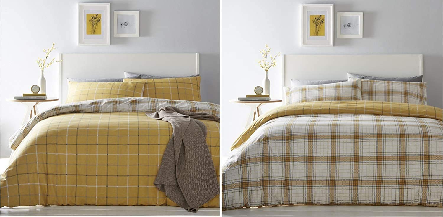 Portfolio Skye Duvet Cover Reversible Checked Bed Set, Polycotton, Ochre, Double