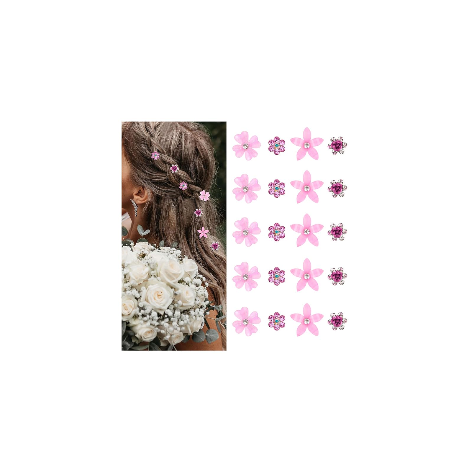 Mezrkuwr 20 Stück Rosa kleine Blumen-Haarspangen, Mini-süße Strass-Metall-Haarnadeln für Frauen, Hochzeit Haarschmuck, Braut-Haarspangen für Mädchen (4 Blumenmuster)