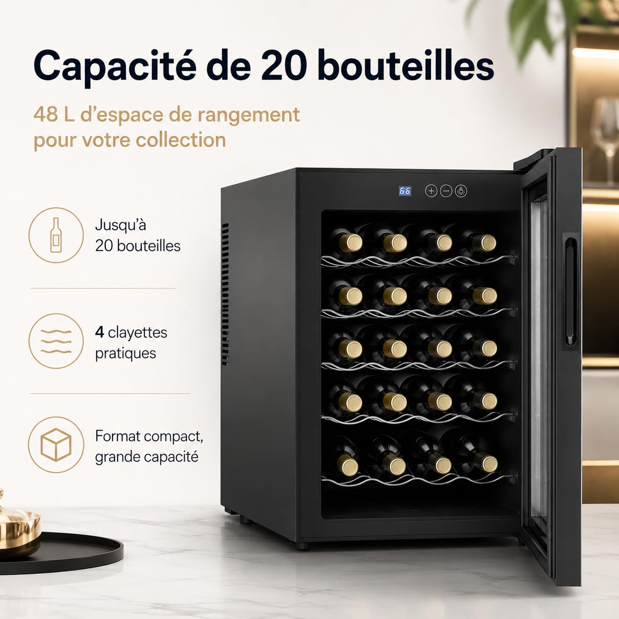Cave à Vin 20 Bouteilles 48 L Réfrigérateur à Vin avec Température Réglable 12-18 °C, Porte en Verre Trempé, Lumière LED Bleue