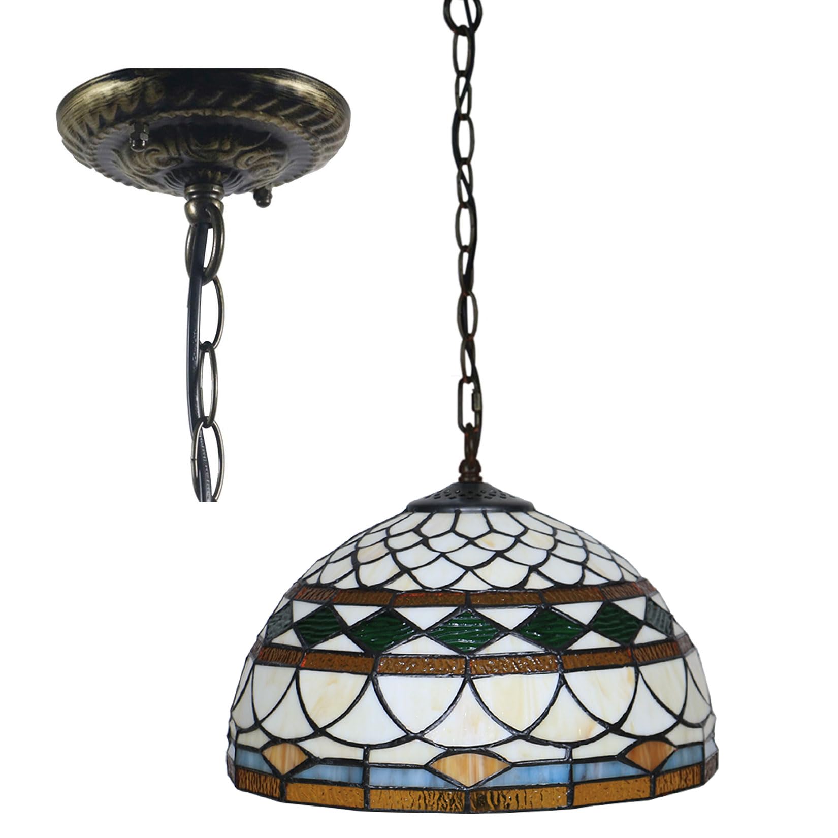 Wdcdyqdh Beige/Cream/Green Tiffany Hanging Lamp Stained Glass Ceiling Pendant Fixture With 12 Inch Wide Handmade Lampshade Vintage Antique Lighting For Dining Hallway Kitchen Balcony