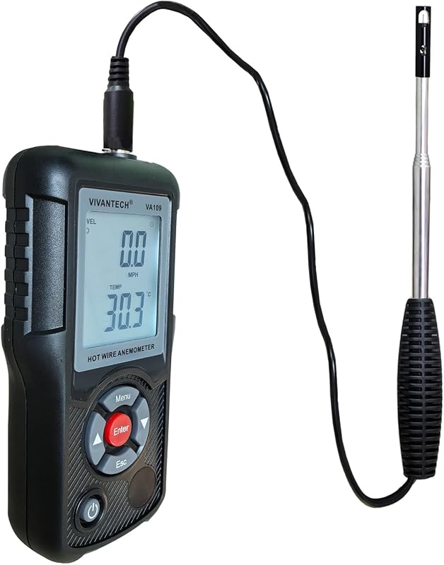 VA109 Professional Anemometer – Wind Speed Meter for Air Flow, Velocity, Temperature – HVAC CFM Meter CMM Tester with Backlit LCD, Max/Min, Auto Shutdown