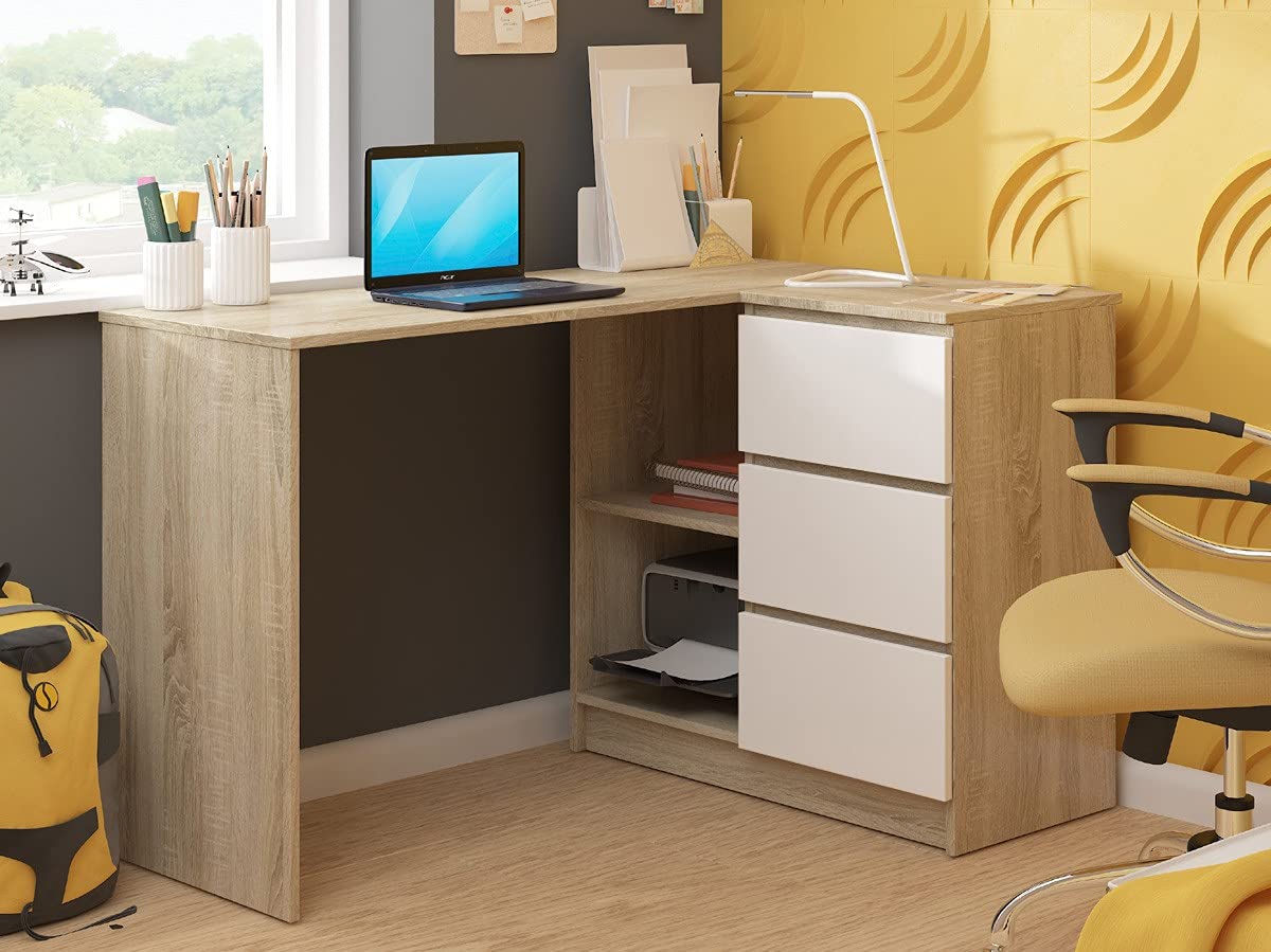 Escritorio esquinero AKORD B16 Roble Sonoma 124 cm con lado derecho 3 cajones frente en color Blanco 2 estantes 124x85x77 cm