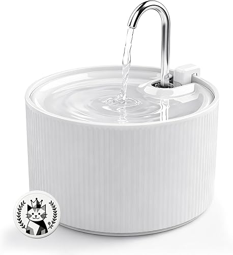 Fuente de agua de cerámica para gatos, fuentes para gatos de 2.2 L74 onzas para beber en interiores, fuente de agua para mascotas con bomba ultra