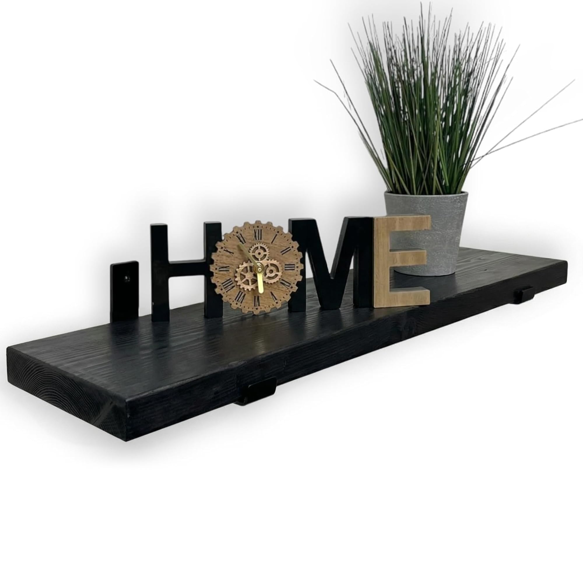 MKGT Handcrafted Rustic Wooden Floating Shelf – Wall Mounted with Black L Brackets – Made in the UK from Solid Timber – Kitchen, Bathroom & Living Room (Black, 140cm) — image 1