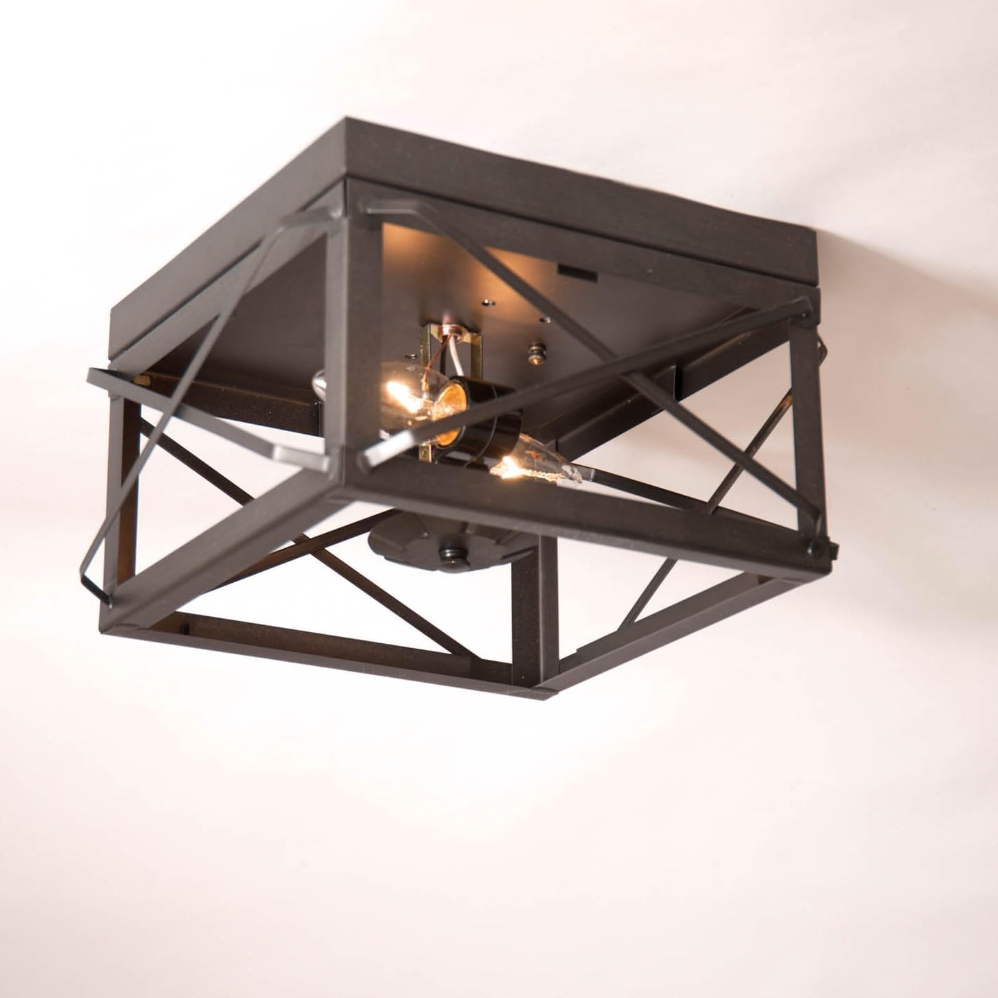 Irvin's Tinware, 145AXKB, 2 Light Flush Mount Double Ceiling Light with Folded Bars in Kettle Black, Primitive Country Tin Lighting
