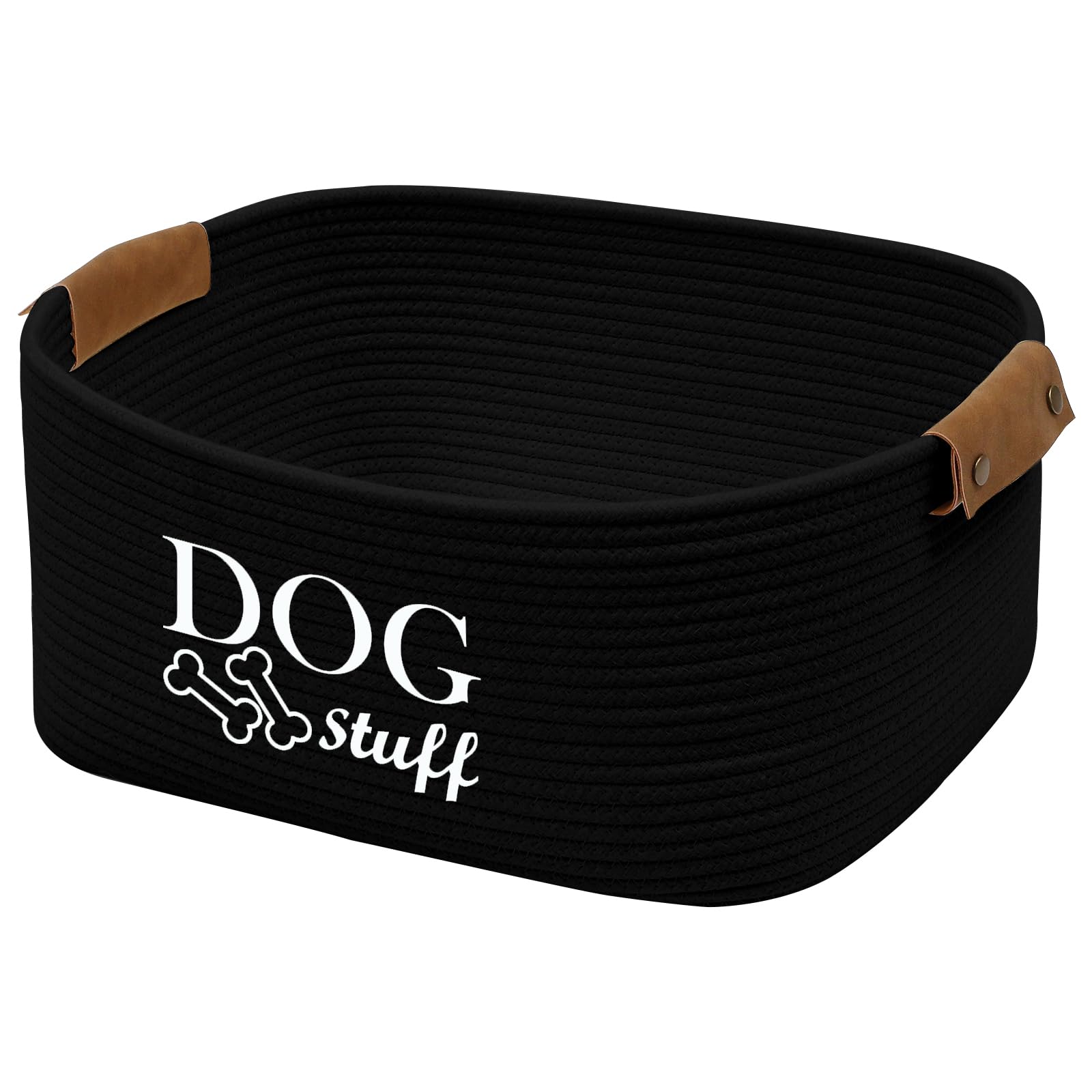 Geyecete-Cestino portaoggetti per giocattoli cani intrecciato in corda di cotone,Con manico in pelle,Portatile Cesto portaoggetti per giocattoli et vestiti/accessori per cane/gatti-Nero