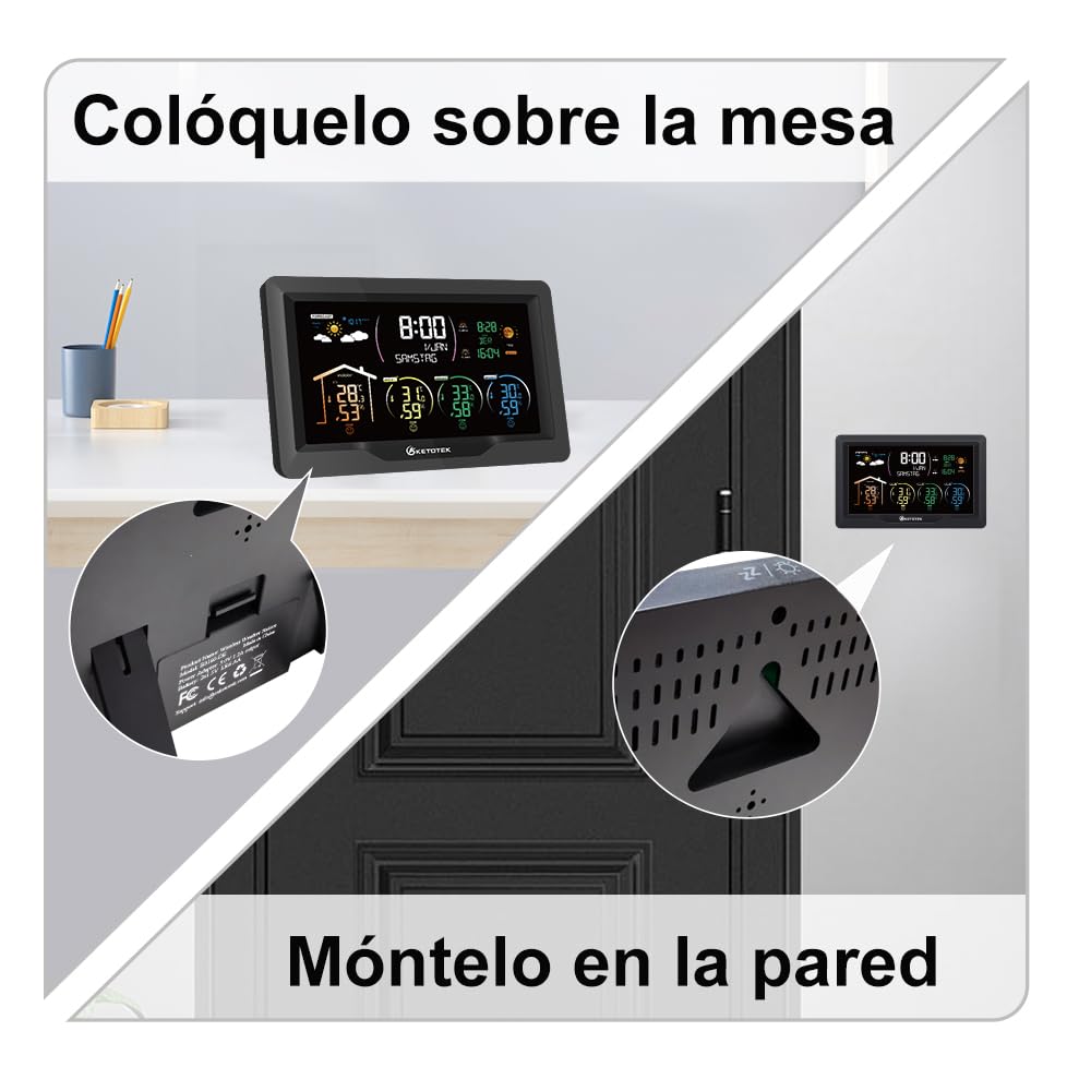 Estación Meteorológica Radio Inalámbrica KETOTEK con 3 Sensores de Exterior Termómetro Digital LCD de Interior Higrómetro Barómetro con DCF,Reloj Alarma,Previsión Meteorológica,Fase Lunar